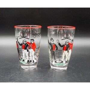 Libbey Pickwick Tumbler Bar Tavern Scene Glassware 1950's MCM Glasses Pair